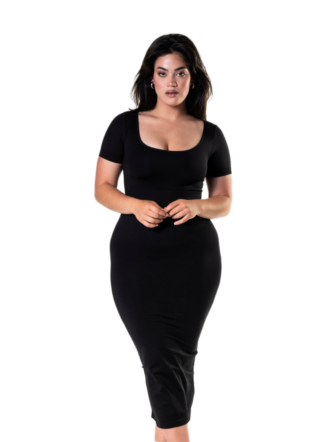 Bodycon Shapewear Midi Slit Dress with Short Sleeves - HeyShape