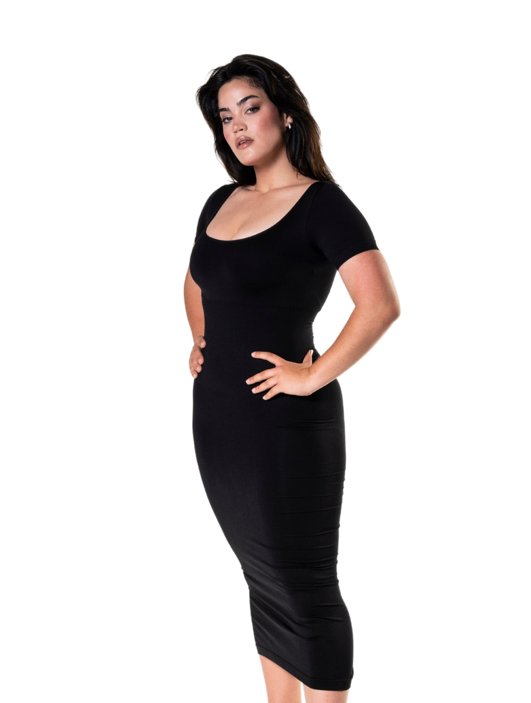 Bodycon Shapewear Midi Slit Dress with Short Sleeves - HeyShape