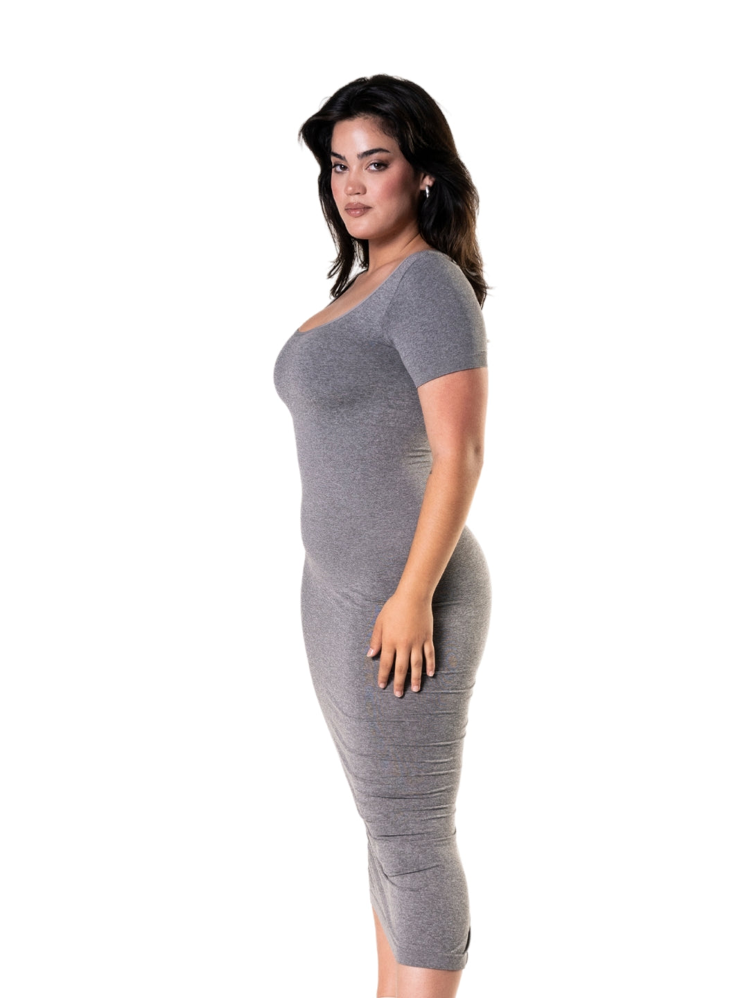Bodycon Shapewear Midi Slit Dress with Short Sleeves - HeyShape