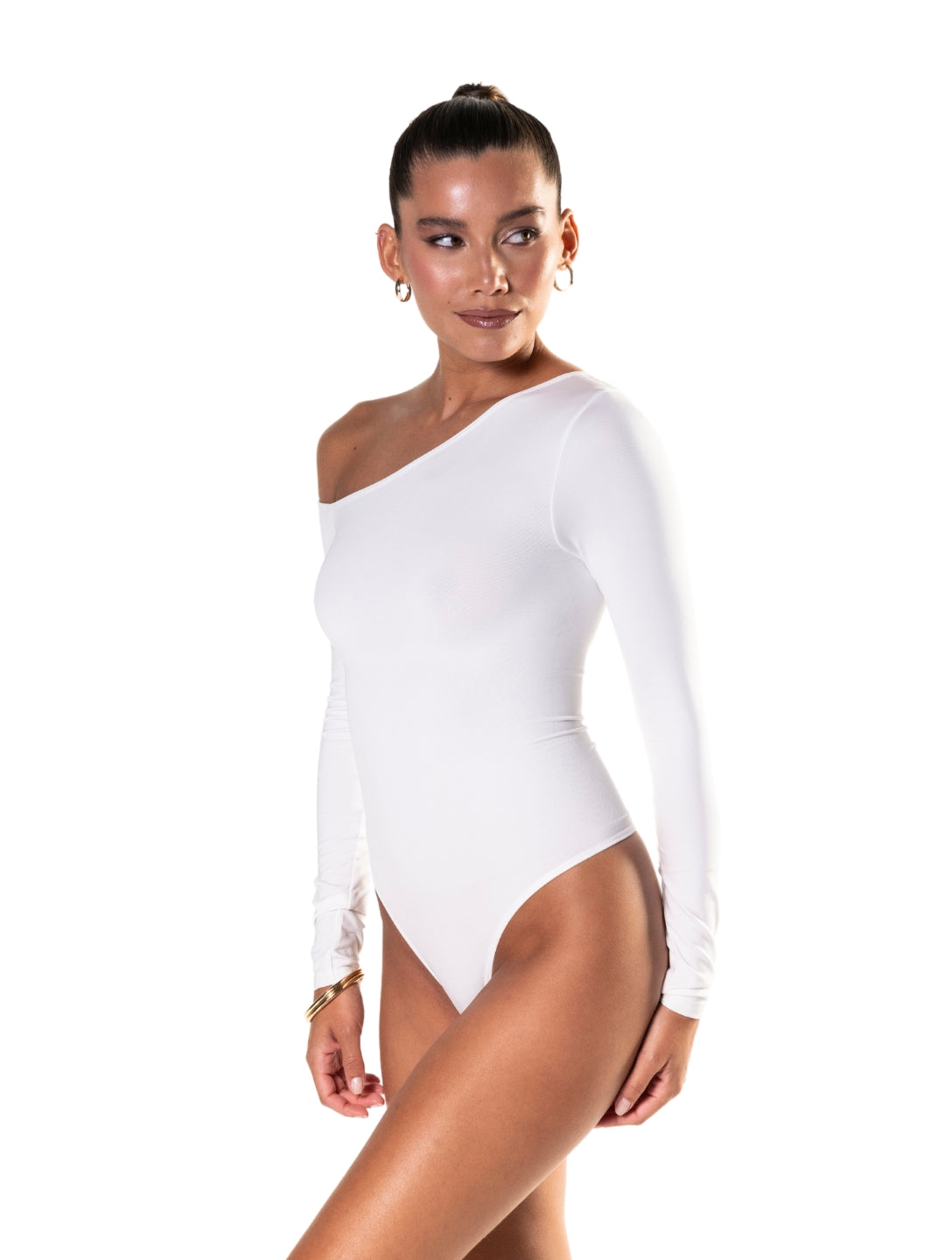 One Shoulder Long Sleeve Thong Bodysuit - HeyShape