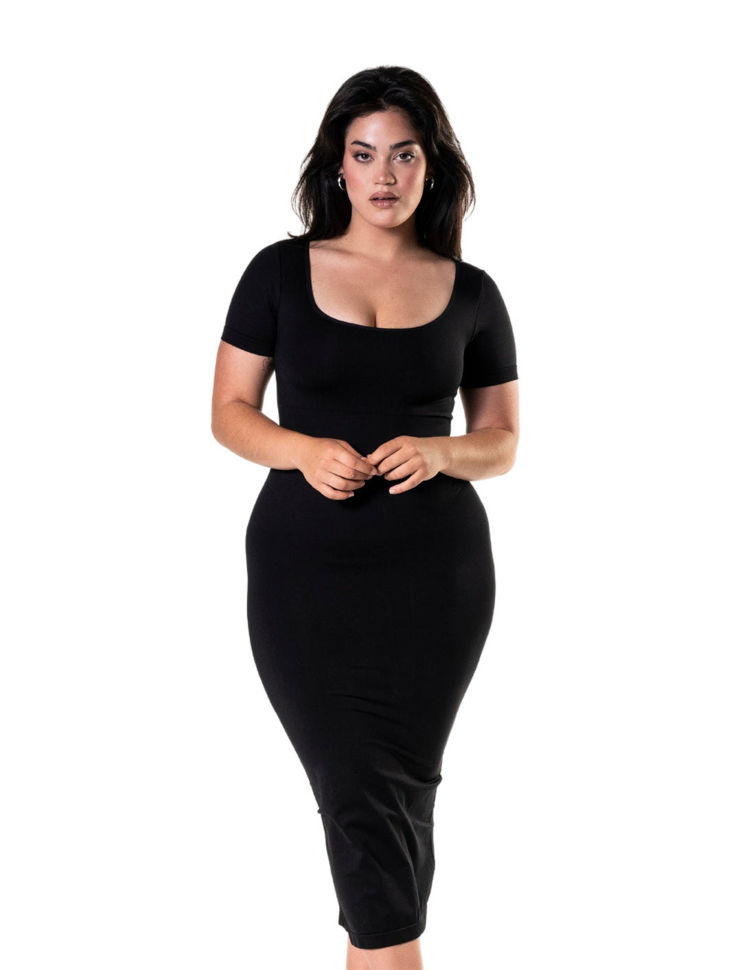 Bodycon Shapewear Midi Slit Dress with Short Sleeves - HeyShape