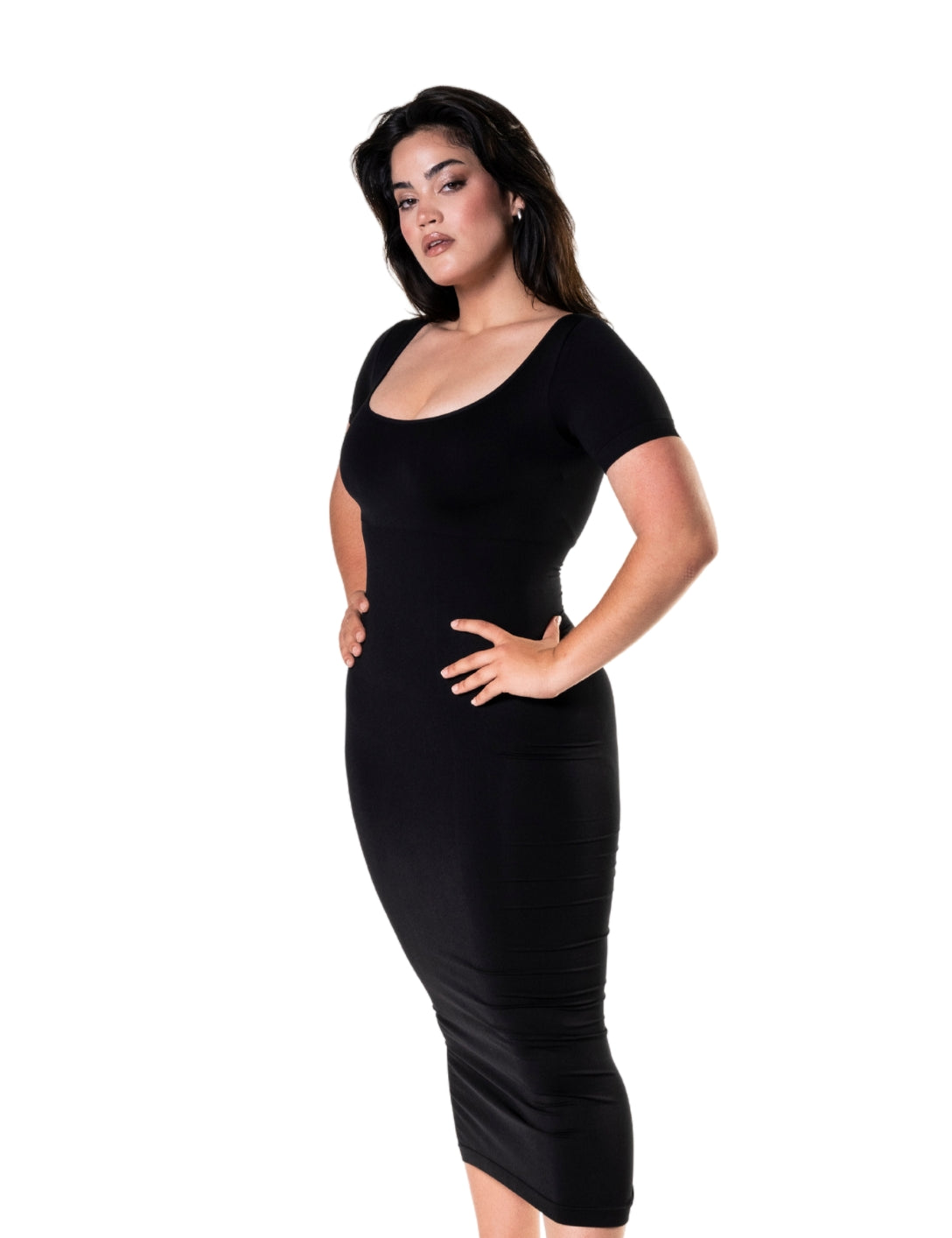 Bodycon Shapewear Midi Slit Dress with Short Sleeves - HeyShape