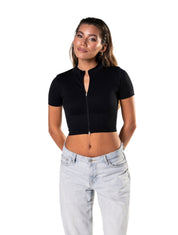 Seamless Ribbed Zip-Front Short Sleeve Crop Top - HeyShape